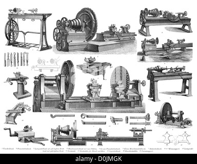 Collezione di Macchine dalla rivoluzione industriale, compresi tornio e utensili per tornitura Foto Stock