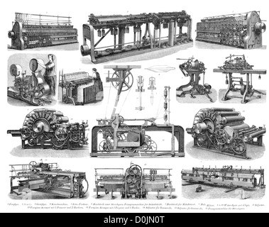 Collezione di Macchine dalla rivoluzione industriale, compreso un Multi thread macchina di filatura o mulo e una macchina di tessitura Foto Stock