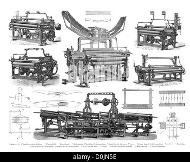 Collezione di Macchine dalla rivoluzione industriale, compreso un tappeto telaio jacquard, macchina di tessitura Foto Stock