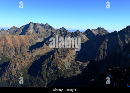 Vista dal picco Rysy oltre l'Bielovodska dolina verso Ladovy stit, Alti Tatra, Slovacchia. Foto Stock