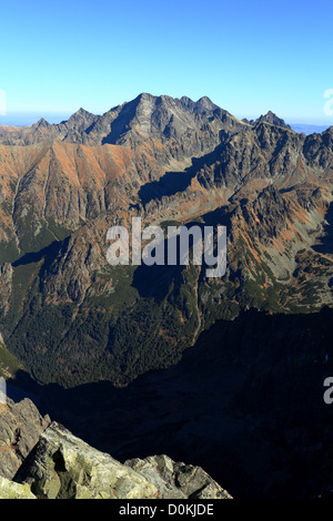 Vista dal picco Rysy oltre l'Bielovodska dolina verso Ladovy stit, Alti Tatra, Slovacchia. Foto Stock