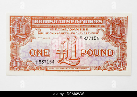 Forze Armate britanniche token denaro in valuta le banconote emesse solo per uso in Naafi e altri servizi negozi. Foto Stock