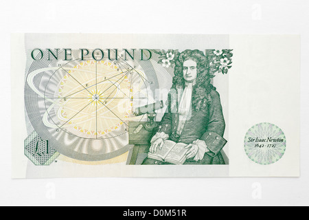 Banca Verde di Inghilterra 1 una libbra di notare la sterlina inglese britannico UK con il ritratto di Sir Isaac Newton famoso fisico su retromarcia Foto Stock