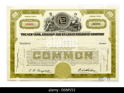 Certificato azionario di New York e Chicago St Louis Railroad company Foto Stock