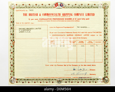 Certificato azionario della British and Commonwealth Shipping Agency Limited Foto Stock