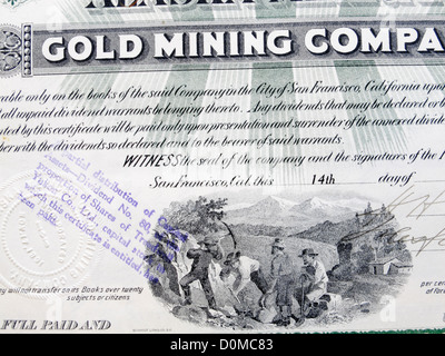 Close up dettaglio di un certificato azionario l Alaska Mexican Gold Mining Company Foto Stock