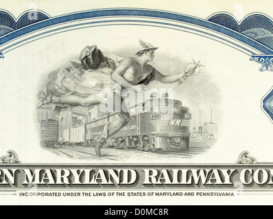 Close up dettaglio di un certificato azionario della Western Maryland Railway Company AZIENDA Foto Stock