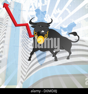 Bull con aumento di segno di freccia nella parte anteriore di un edificio dello stock exchange, Bombay Stock Exchange, Mumbai, Maharashtra, India Foto Stock