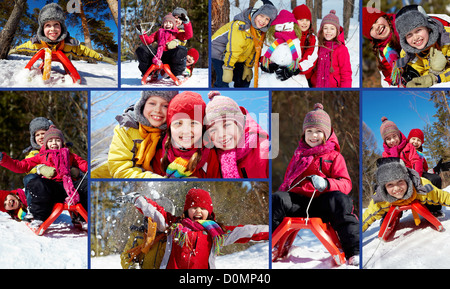 Collage di happy amici in winterwear divertirsi al di fuori Foto Stock