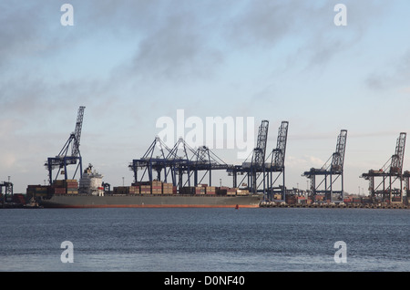 Un contenitore di carico della nave nel porto di Felixstowe, Suffolk, Regno Unito il più grande porto di contenitore Foto Stock