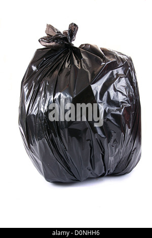 Black garbage bag isolato su bianco Foto Stock