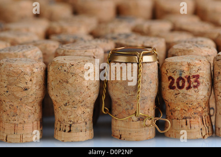 Primo piano di un grande gruppo di tappi di Champagne, che riempiono il telaio. Il fuoco selettivo sulla bancata anteriore. Un sughero ha la data 2013. Foto Stock