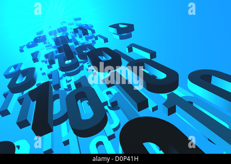 3d illustrazione dei numeri binari che fluisce da o verso la sorgente incandescente o una destinazione. Foto Stock