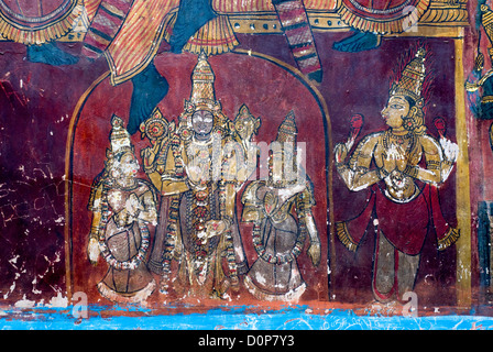 Xvii secolo Murales in Varadaraja Perumal (Vishnu) tempio di Kanchipuram, Tamil Nadu, India. Foto Stock