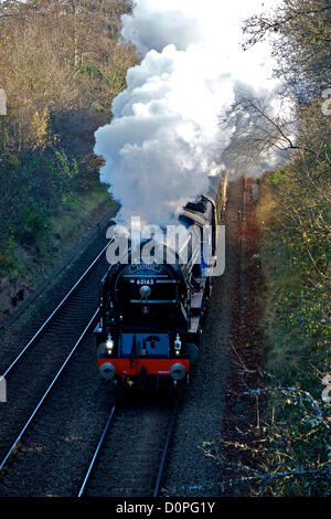 Colline del Surrey, Regno Unito. Nella sua nuova livrea blu, la 60163 LNER A1 classe 4-6-2 Tornado locomotiva a vapore "cattedrali Express' Convoglio ferroviario nella foto alimentare fuori della nebbia al di sotto di una testa piena di vapore in quanto esso accelera al di fuori della stazione di Reigate, Surrey e velocità attraverso le colline del Surrey en route da Victoria a Bristol Temple Meads 1050hrs giovedì 29 novembre 2012 Foto Stock