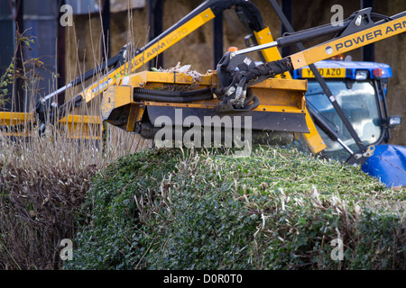 Hedge manutenzione per aumentare la biodiversità agricola  coppia di trattori il taglio di siepi in North Yorkshire Dales, Bedale, Regno Unito Foto Stock