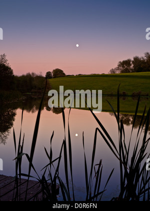 Specchio come la superficie del lago per la pesca sportiva a Rochford, vicino a Tenbury Wells, riflettendo il crescente di luna la notte tempo. Il lago è ben rifornita di carpe. Foto Stock