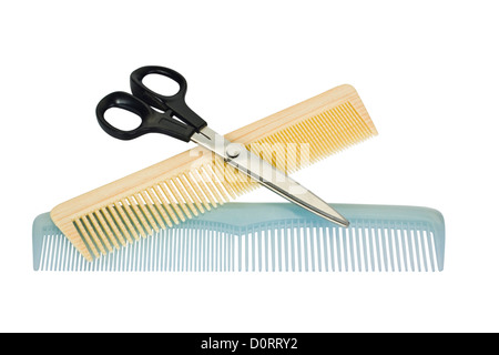 Close-up di due pettini con le forbici Foto Stock