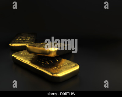 Oro fisico bullions lingotti, golden bar su sfondo nero con una stanza per il testo Foto Stock