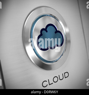 Tasto con il simbolo di cloud nel centro, metallo di sfondo, il colore blu. la parola cloud è scritto in basso Foto Stock