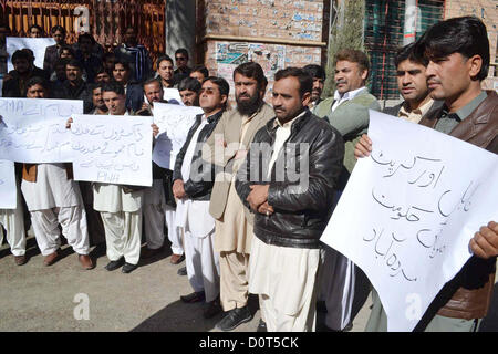 I sostenitori del Medical Association (PMA) chant slogan contro il presunto registrato fake caso sui medici durante la manifestazione di protesta a Quetta press club il Venerdì, 30 novembre 2012. Foto Stock