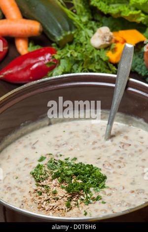 Erbe tritate ed aglio essendo aggiunto a una grande pentola di cremosa zuppa vegetale essendo preparata in cucina Foto Stock