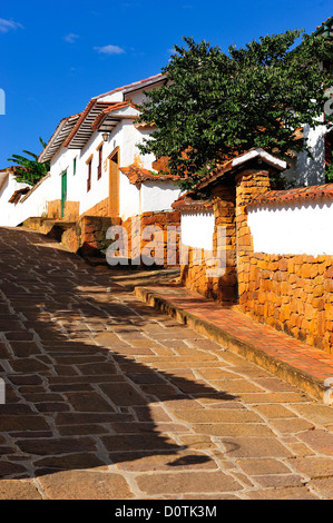 Di ciottoli di pietra, street, pareti, coloniale, Città, Barichara, Colombia, Sud America Foto Stock