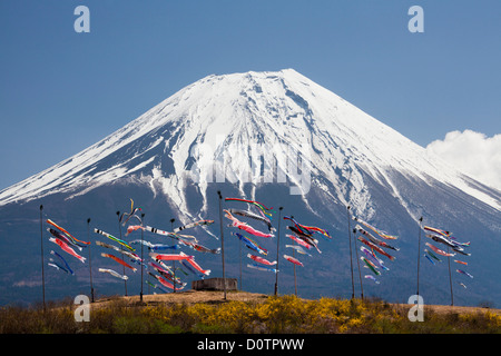 Giappone Asia viaggi di vacanza Bambini Koinobori Festival Monte Fuji Fuji Fujiyama Montagna neve molla volcano garden Foto Stock