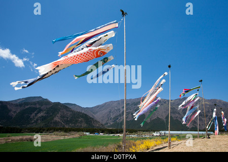 Giappone, Asia, vacanze, viaggi, Koinobori, Bambini Festival, molla, vulcano, giardino, bandiera, carpa, streamer, giapponese Foto Stock