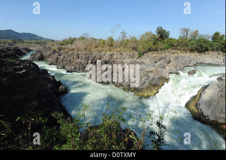 Laos, Asia, Don Khon, Mekong, fiume, flusso, 4000 isole, isolette, Cliff, rock, gulch, rapide Foto Stock