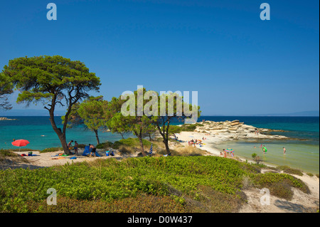 Calcidica, Grecia, Halkidiki, Viaggi, vacanze, Europa, Europeo, giorno Karidi Beach, Vouvourou, Sithonia, spiaggia di sabbia, sabbia beac Foto Stock