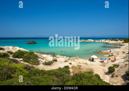 Calcidica, Grecia, Halkidiki, Viaggi, vacanze, Europa, Europeo, giorno Portokali Beach, Kavourotypes, Sithonia, spiaggia, mare Foto Stock