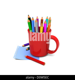 Modello 3D di matite colorate in rosso sulla tazza blu nota carta di messaggio Foto Stock