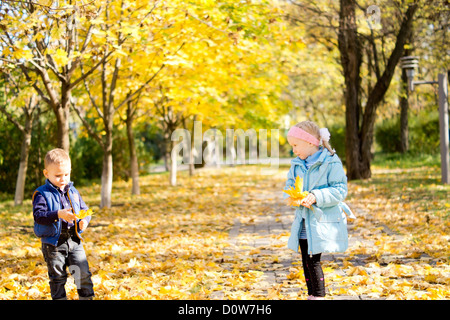 I bambini in un colorato cadere o autunno park approfittando del cambiamento di stagione giallo raccolta di foglie di autunno Foto Stock