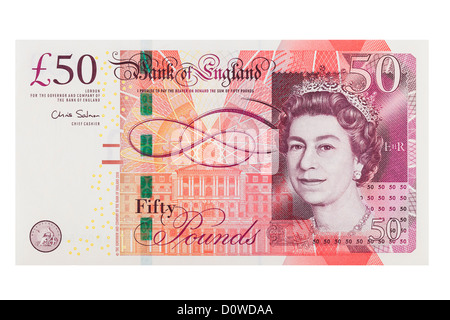 Inglese cinquanta pound nota su sfondo bianco Foto Stock