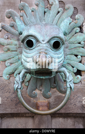 Questo è un grande Lions Head knocker porta su una porta in Brougham Hall in Cumbria. Foto Stock