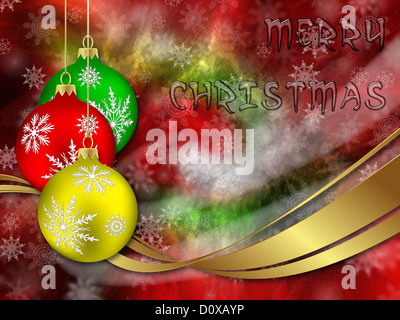 Buon Natale giallo rosso e verde sfere sfere Baubles Card. Foto Stock