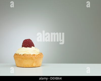 Close-up di un minuscolo crostata con lampone sulla parte superiore, collocato su un tavolo bianco con luce gradiente su sfondo neutro Foto Stock