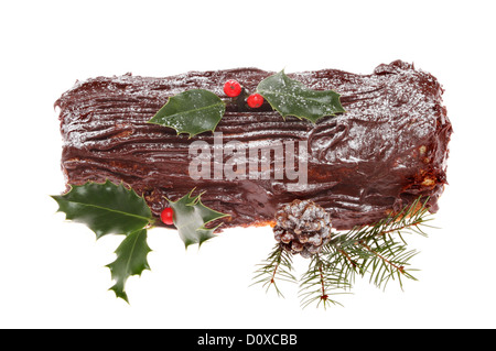 Il cioccolato yule log decorate con agrifoglio, cono di pini e abeti bianchi foglie di albero Foto Stock