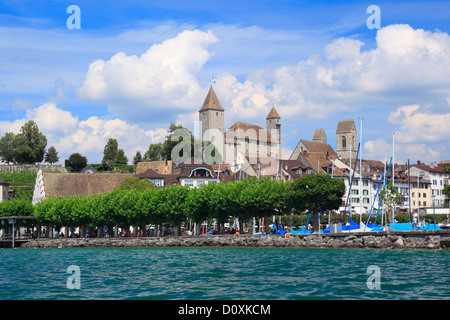 Albero, alberi, chiesa, Rapperswil, castello di Rapperswil, Svizzera, Europa, cittadina svizzera, città, lago, sole, San Gallo, città, ci Foto Stock