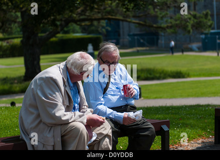 Buckfast, Devon, Inghilterra. Il 26 luglio 2012. Due anziani signori bere Coca Cola e hanno una discussione durante una pausa pranzo. Foto Stock