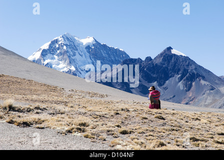 L Aymara donna nella Cordillera con il Monte Huayna Potosi in background Foto Stock