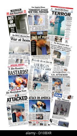 Una selezione di giornali le pagine anteriore a partire dal mese di settembre 12, 2001 reporting gli attentati negli Stati Uniti. Foto Stock