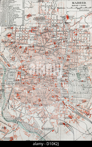 Mappa vecchia di Madrid alla fine del XIX secolo Foto Stock