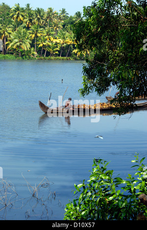 Panorama vista del Kerala Backwaters boat che trasportano materie prime per la produzione di filati di cocco dal villaggio rurale del Kerala India Foto Stock