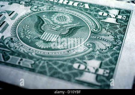 Dettaglio del sigillo ufficiale e stemma su un dollaro statunitense Bill Foto Stock