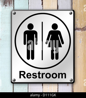 Restroom sign sulla vecchia in legno di colore sfondo a parete Foto Stock