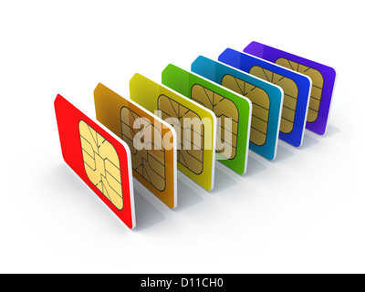 Pila di colorati telefono carte SIM isolato su sfondo bianco con ombra. 3D render illustrazione Foto Stock