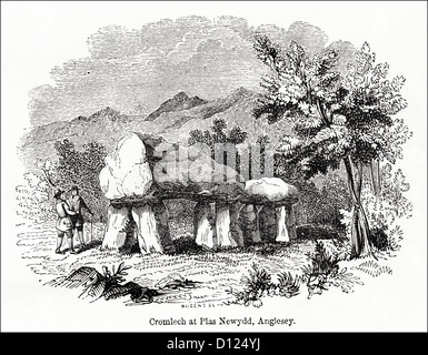 Cromlech a Plas Newydd Anglesey North Wales UK. Victorian xilografia incisione circa 1845 Foto Stock