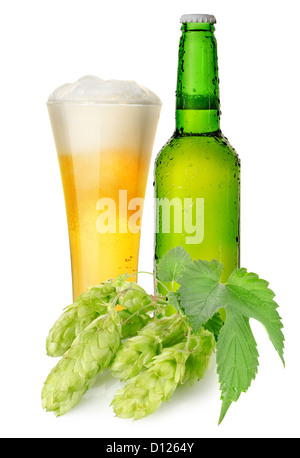 Verde bottiglia e boccale di birra isolato su sfondo bianco Foto Stock